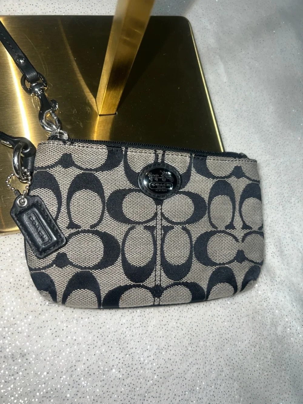 Coach Black & Tan Signature Canvas Wristlet with Detachable Strap